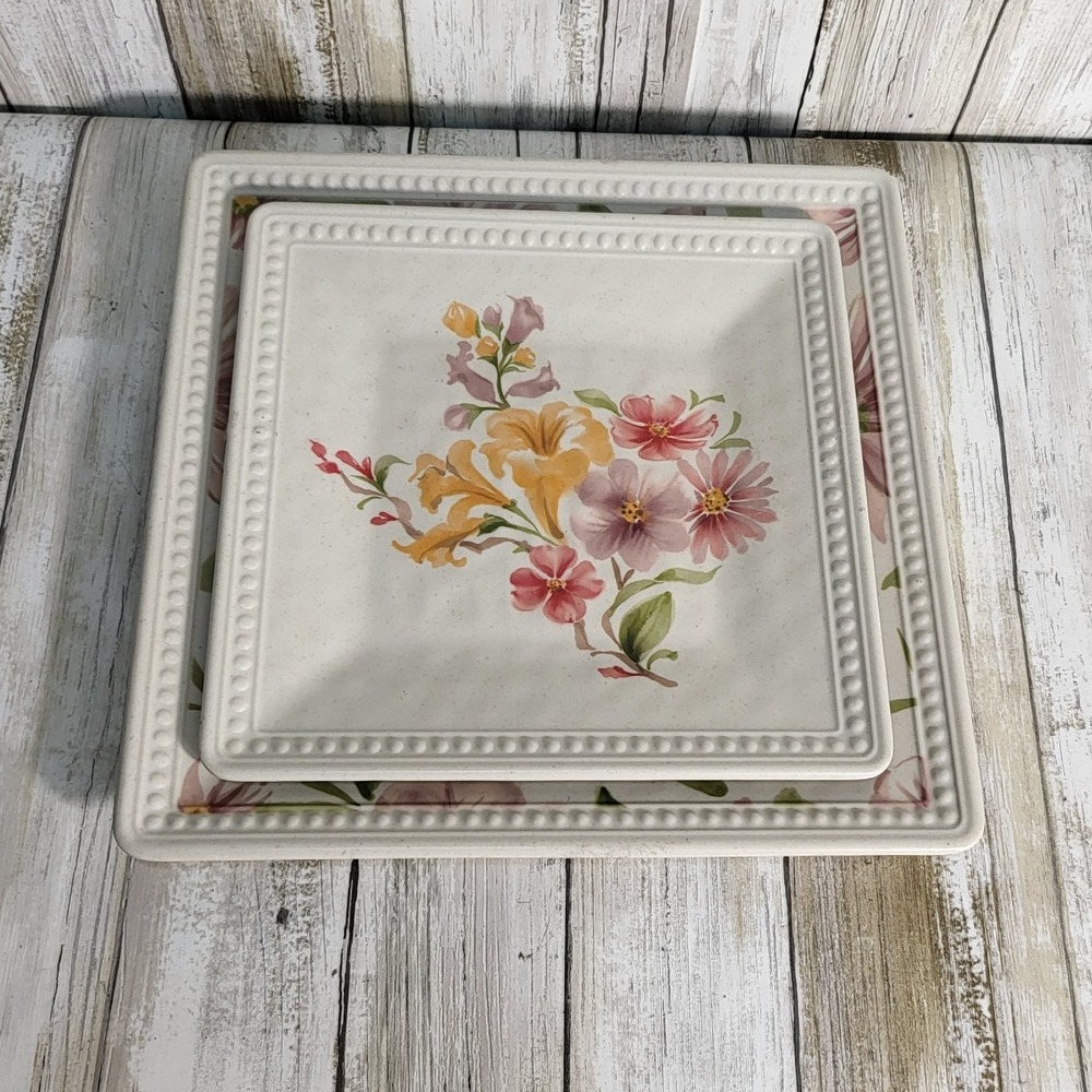 Set 2 Replacement Square Floral Plates with Beaded Edge Texas Inspired Design - Picture 4 of 5